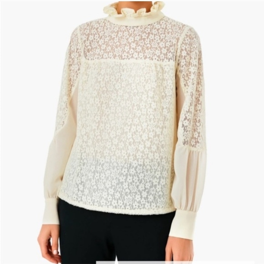 Tuckernuck High Neck Long Sleeve Cream Lace Rosalee Blouse XL - Picture 9 of 12